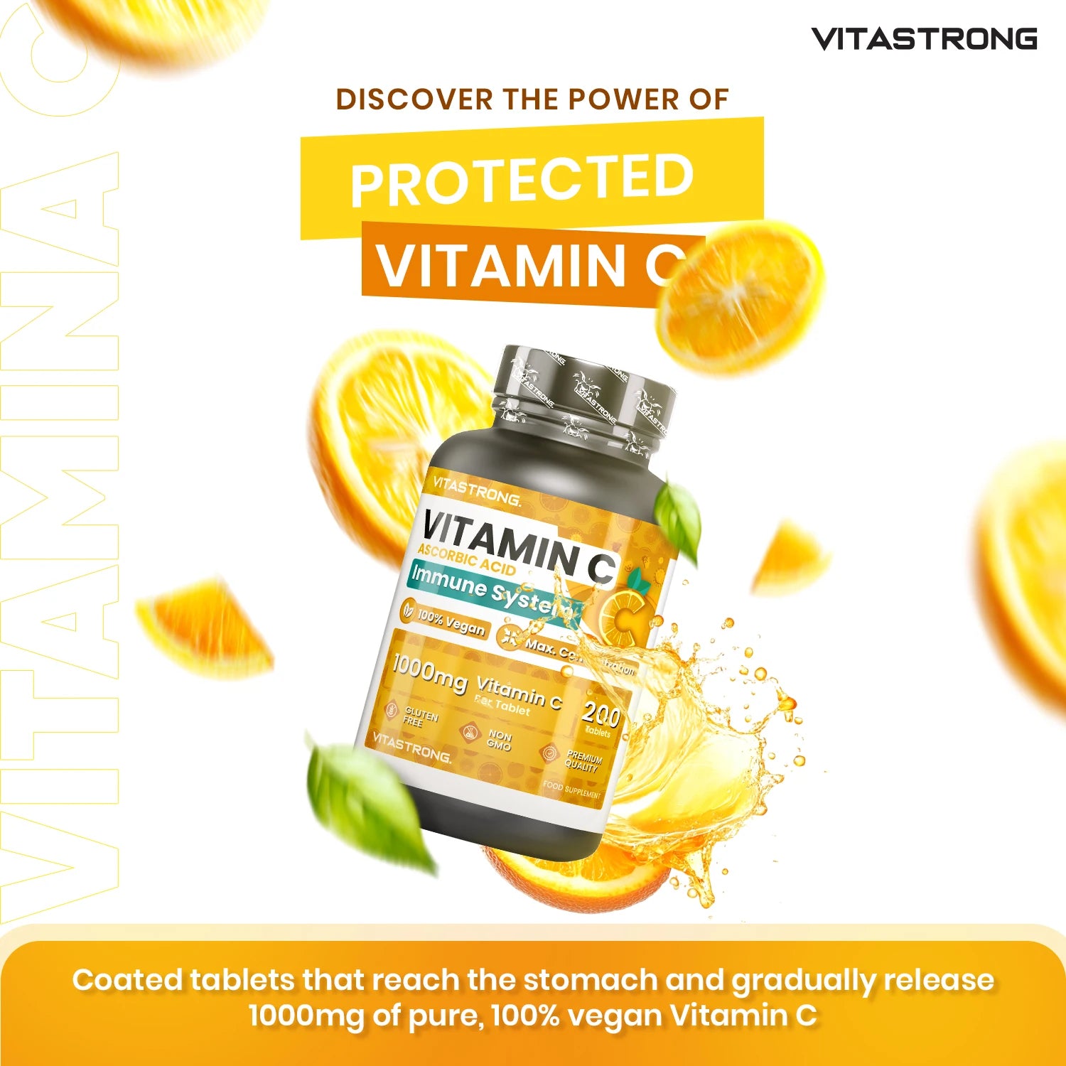 Vitamin C 1000Mg Slow Release, 200 Tablets 100% Vegan (1 per Day/6 + Months), Supplement Vitamin C Pure Ascorbic Acid for Immune System, Bones, Skin, Tiredness, Collagen Formation