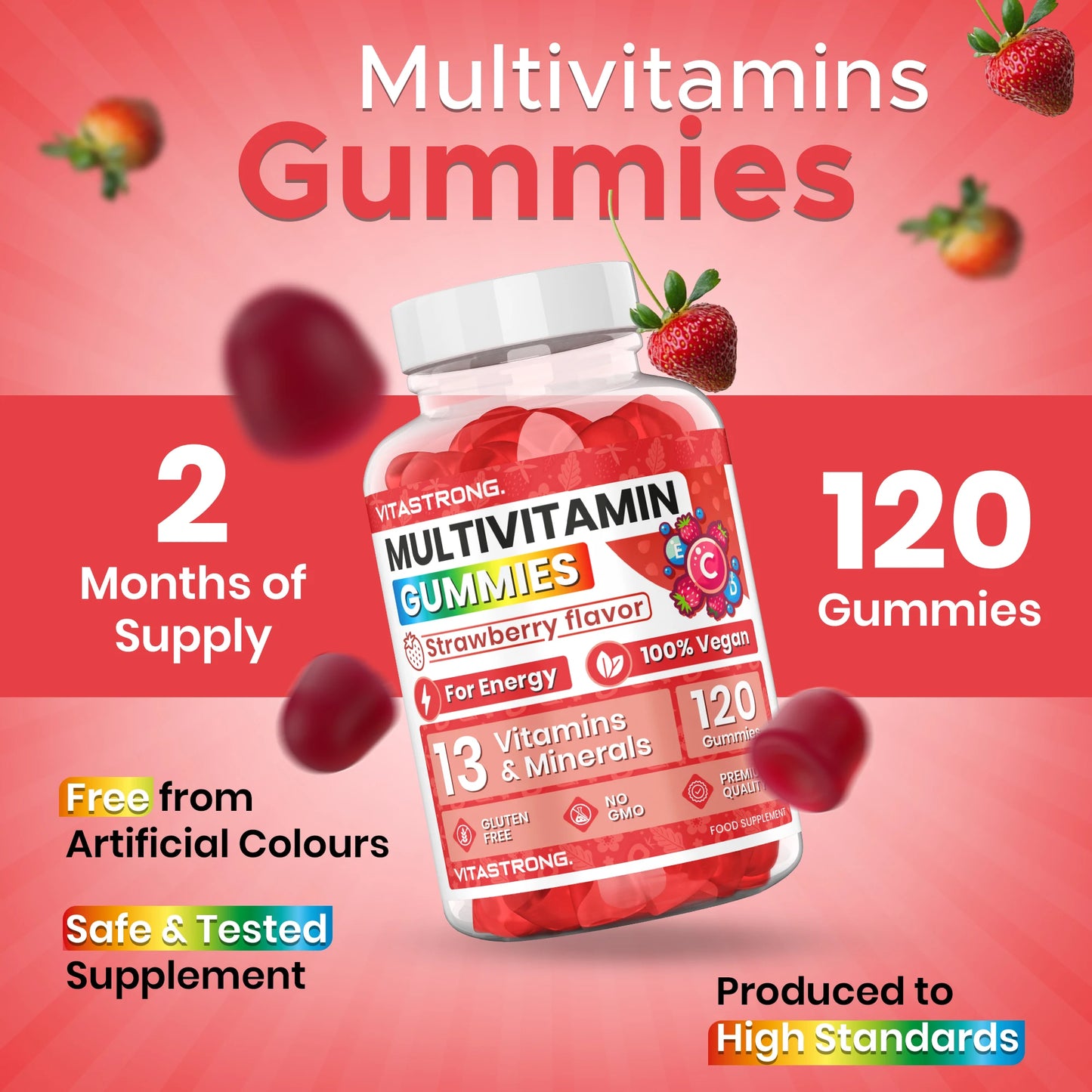 Full Multivitamin 120 Gummy Vitastrong, 13 Vitamins and Minerals, Multivitamin Complex Gummy Vitamins Adult Vegan without Sucrose, Multivitamin Gommose with Vitamins, Zinc, Iodine, Folate