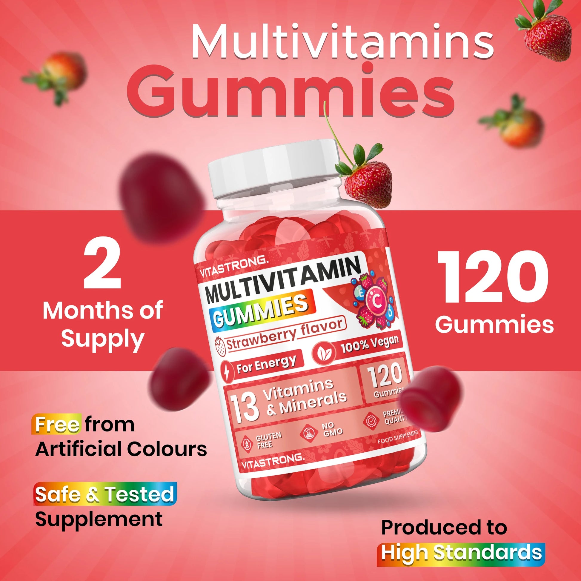 Full Multivitamin 120 Gummy Vitastrong, 13 Vitamins and Minerals, Multivitamin Complex Gummy Vitamins Adult Vegan without Sucrose, Multivitamin Gommose with Vitamins, Zinc, Iodine, Folate