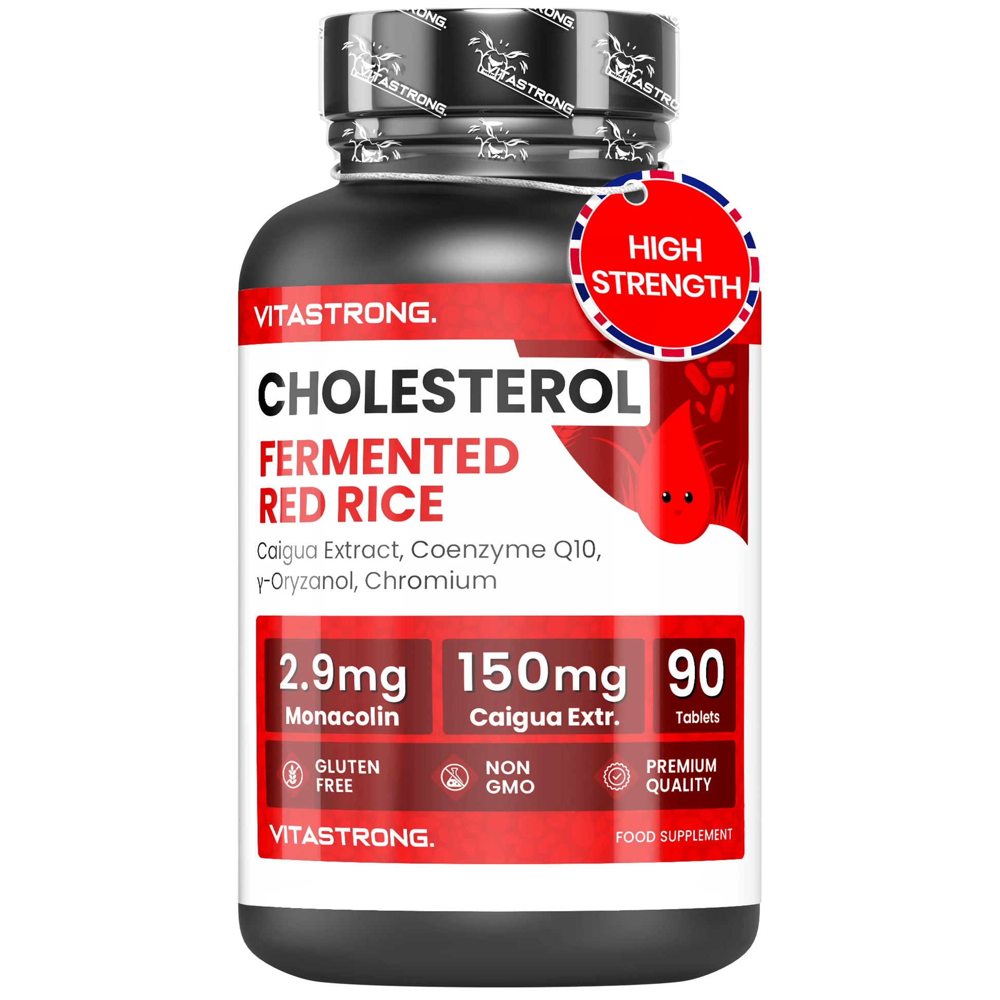 Red Fermented Rice Cholesterol Vitastrong, 2.9 Mg Monacolin K, Supplements Cholesterol with Coq10, Caigua, Γ-Oryzanol, Polycosanol, and Chromium, 90 Tablets Red Fermented Rice (Red Yeast Rice)