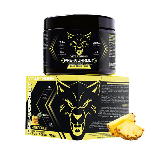Powerful Pre Workout 300G, Preworkout Vegan with Vitamin B12, L Citrulline, Beta Alanine, Caffeine, Taurine, Astragin, Vitastrag Pre Workout Made in Italy (24 Portions (Pack of 1), Pineapple)