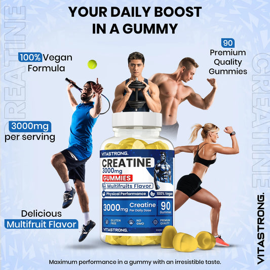 Creatine Monohydrated 3000Mg Vitastrong, 90 Creatine Gummy Vegan without Sucrose, Gluten or Gmos, Delicious Gummy Multifruit Men and Women, Alternative to Creatine Monohydrated Capsules and Tablets